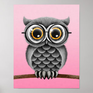 Cute Fluffy Gray Owl with Glasses, Pink Poster