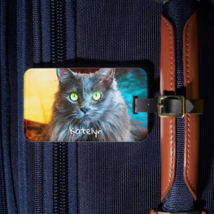 Cute fluffy grey cat photo custom name script luggage tag