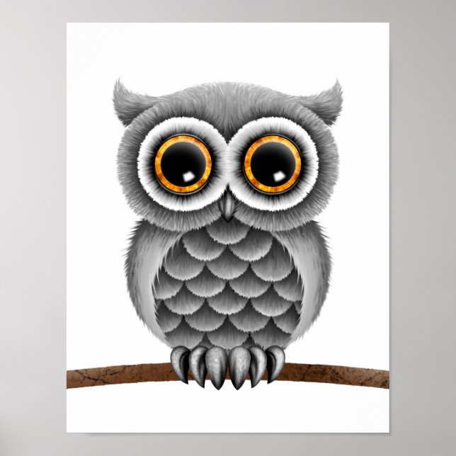 Cute Fluffy Grey Owl on a Branch, White Background Poster (Front)