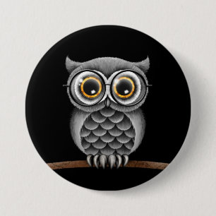 Cute Fluffy Grey Owl with Glasses, Black 7.5 Cm Round Badge