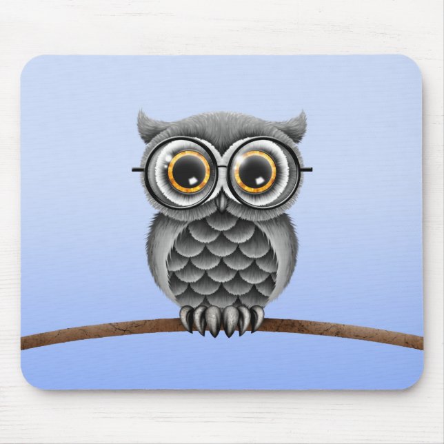 Cute Fluffy Grey Owl with Glasses, Light Blue Mouse Mat (Front)