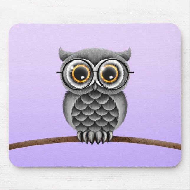 Cute Fluffy Grey Owl with Glasses, Purple Mouse Mat (Front)