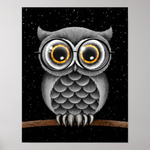 Cute Fluffy Grey Owl with Glasses with Stars Poster