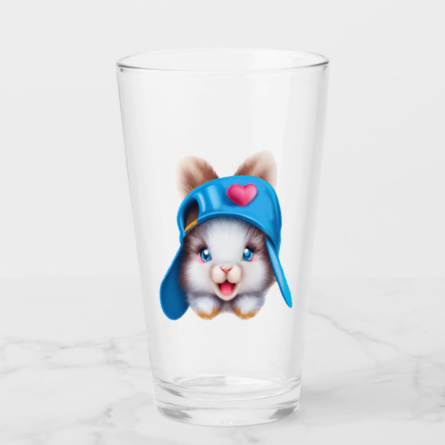 Cute Fluffy Hiphop Baby Bunny with a Blue Hat   Glass (Front)