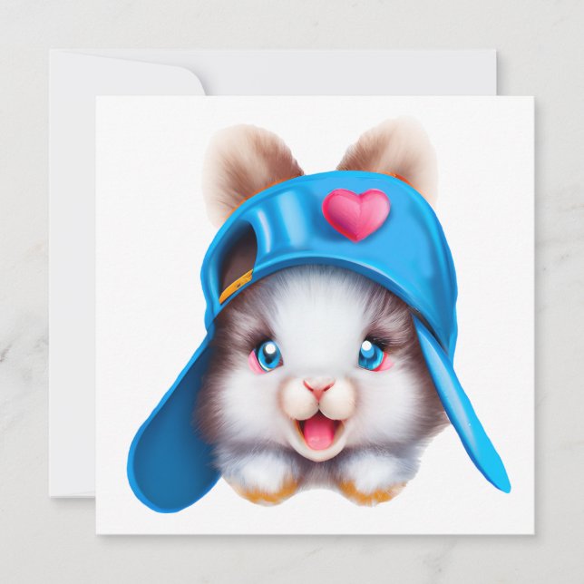 Cute Fluffy Hiphop Baby Bunny with a Blue Hat Holiday Card (Front)
