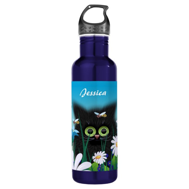 Cute Fluffy Kitten in Daisy Meadow Personalised 710 Ml Water Bottle (Front)