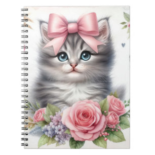 CUTE FLUFFY KITTEN WITH BOWS & FLOWERS NOTEBOOK
