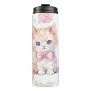 Cute Fluffy Kittens with Pink Roses Thermal Tumbler