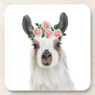Cute Fluffy Llama With Rose Flower Crown Coaster