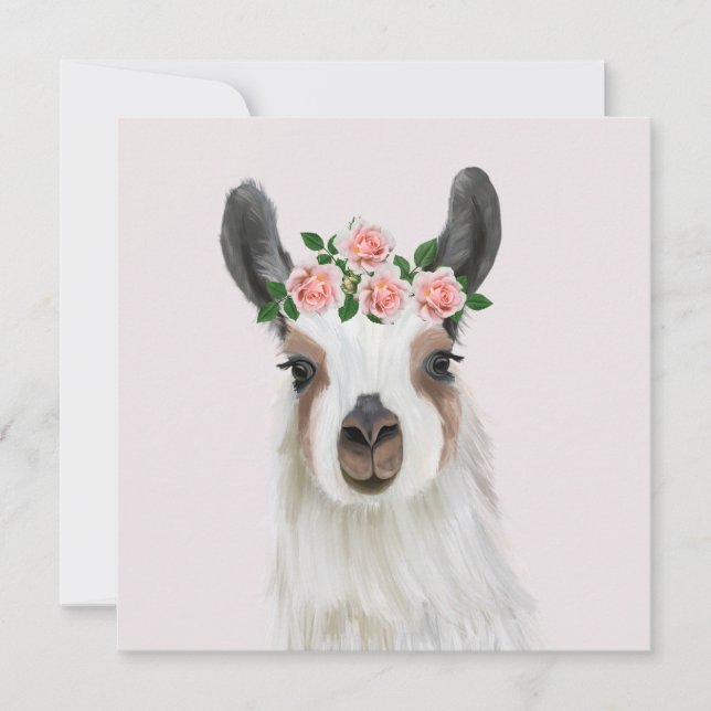 Cute Fluffy Llama With Rose Flower Crown Pink (Front)