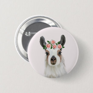 Cute Fluffy Llama With Rose Flower Crown Pink 6 Cm Round Badge