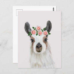 Cute Fluffy Llama With Rose Flower Crown Pink Postcard