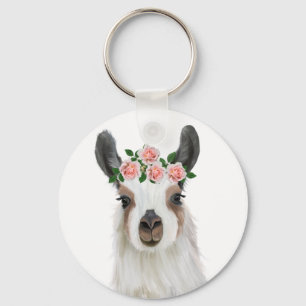Cute Fluffy Llama With Rose Flower Crown White Key Ring