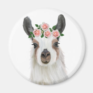 Cute Fluffy Llama With Rose Flower Crown White Magnet