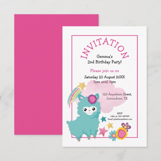 Cute Fluffy Llama Young Child Birthday Party Pink Invitation (Front/Back)