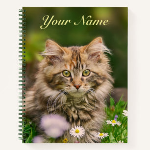 Cute Fluffy Maine Coon Kitten Cat in Flowers Name Notebook