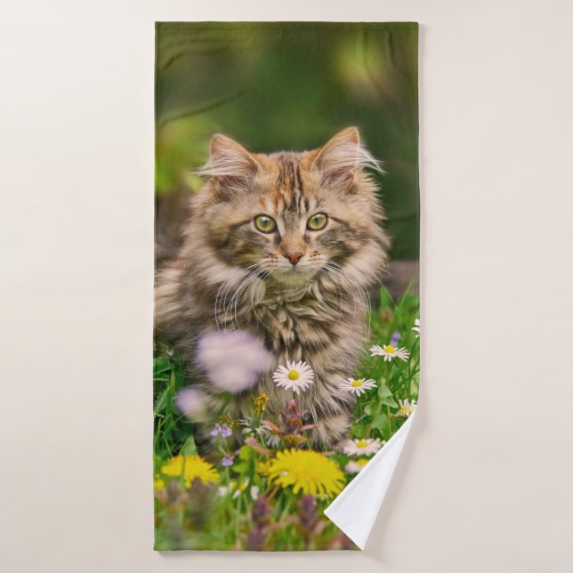 Cute Fluffy Maine Coon Kitten Cat in Flowers Photo Bath Towel Set (Bath Towel)
