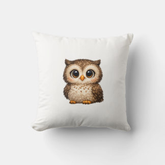 Cute Fluffy Owl Big Eyes Cartoon Digital Art Brown Cushion