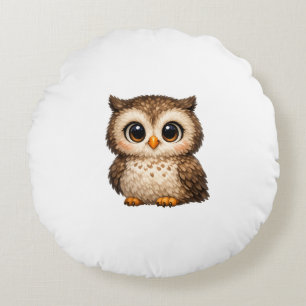 Cute Fluffy Owl Big Eyes Cartoon Digital Art Brown Round Cushion