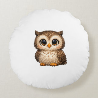Cute Fluffy Owl Big Eyes Cartoon Digital Art Brown Round Cushion