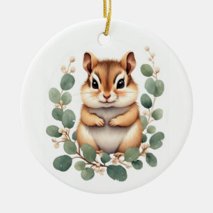 Cute Fluffy Peach Baby Chipmunk & Eucalyptus Ceramic Tree Decoration