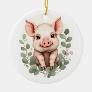 Cute Fluffy Peach Baby Piglet & Eucalyptus Ceramic Tree Decoration