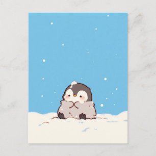 Cute Fluffy Penguin in Snowy Winter Landscape Postcard