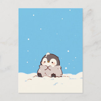Cute Fluffy Penguin in Snowy Winter Landscape Postcard