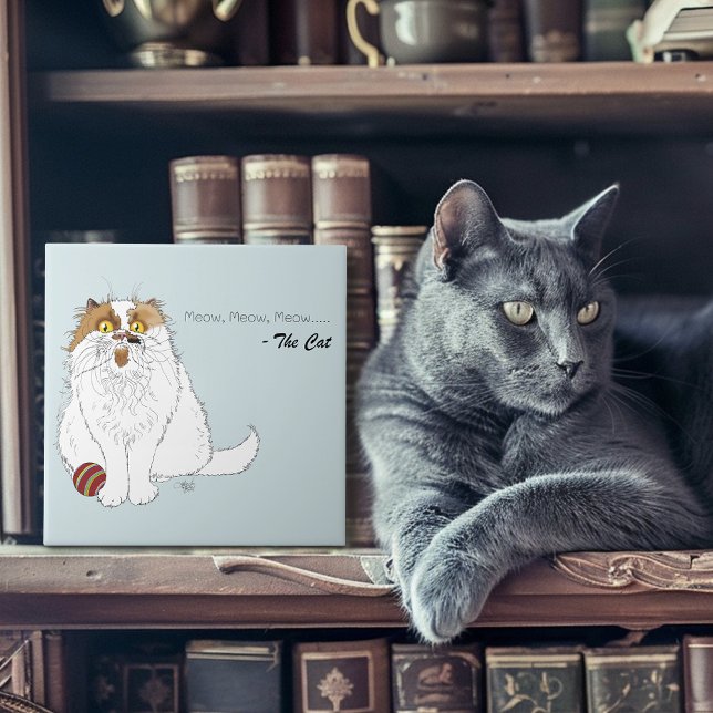 Cute Fluffy Persian Cat Funny Meow Blue Tile (Creator Uploaded)