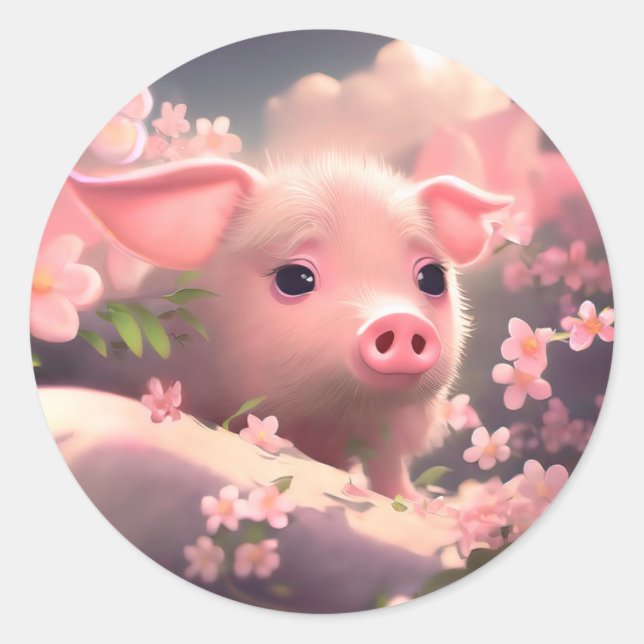 Cute Fluffy Pig Classic Round Sticker (Front)