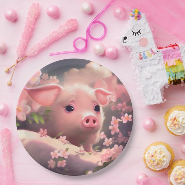 Cute Fluffy Pig Paper Plate (Party)