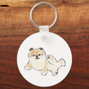 Cute Fluffy Pomeranian Puppy Lying Down Key Ring