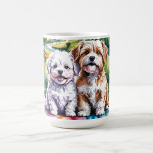 Cute Fluffy Puppies in Watercolor City Park Coffee Mug