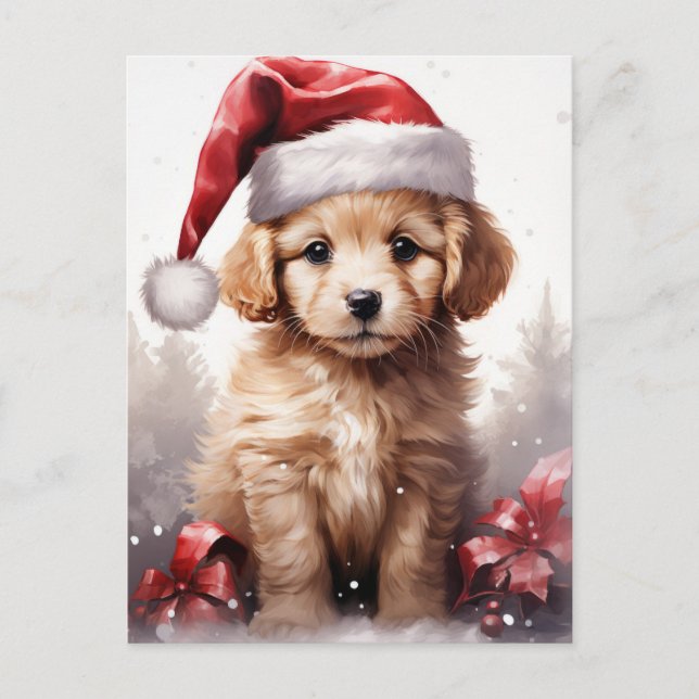 Cute Fluffy Puppy in a Santa Hat Christmas Holiday Postcard (Front)