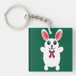 Cute Fluffy White Bunny Rabbit with Red Bow - Chri Key Ring