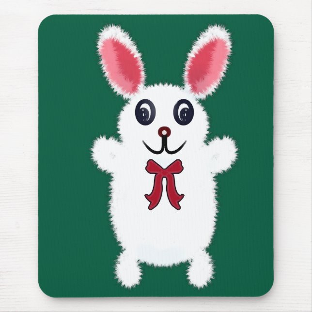 Cute Fluffy White Bunny Rabbit with Red Bow - Chri Mouse Mat (Front)