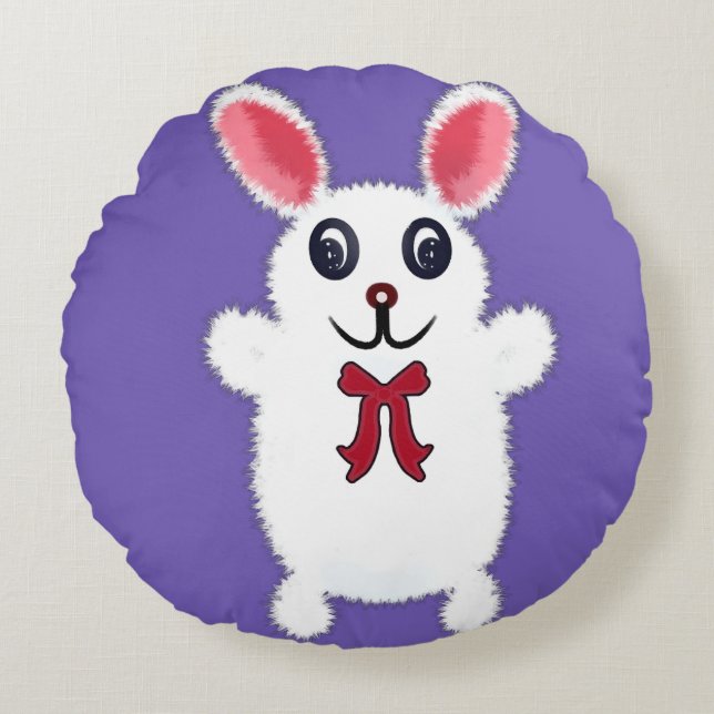 Cute Fluffy White Bunny Rabbit with Red Bow - Chri Round Cushion (Front)