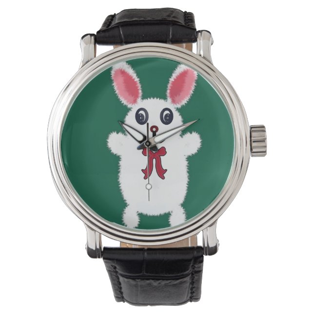 Cute Fluffy White Bunny Rabbit with Red Bow - Chri Watch (Front)