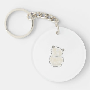 Cute Fluffy White Cat Back View Hand Drawn Art Key Ring