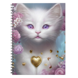 CUTE FLUFFY WHITE KITTEN WITH PINK FLOWERS NOTEBOOK