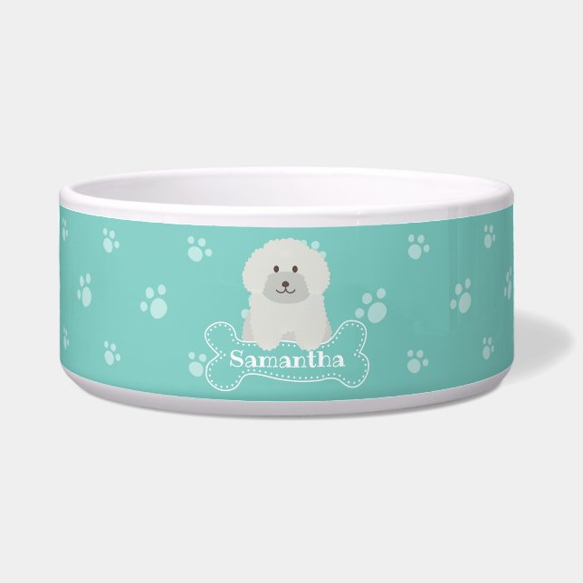 Cute Fluffy White Poodle Puppy Dog Aqua Monogram (Front)