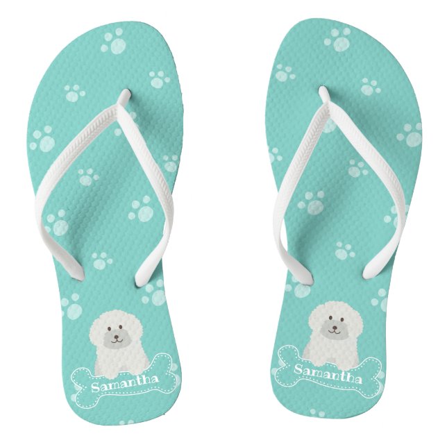 Cute Fluffy White Poodle Puppy Dog Lover Monogram Flip Flops (Footbed)