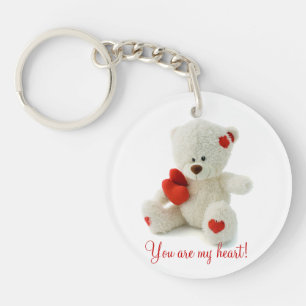 Cute Fluffy White Teddy Bear With a Heart Key Ring
