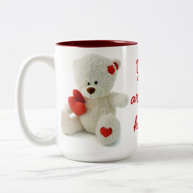 Cute Fluffy White Teddy Bear With a Heart Two-Tone Coffee Mug (Left)