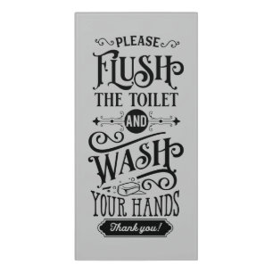 cute flush toilet wash hands bathroom door sign