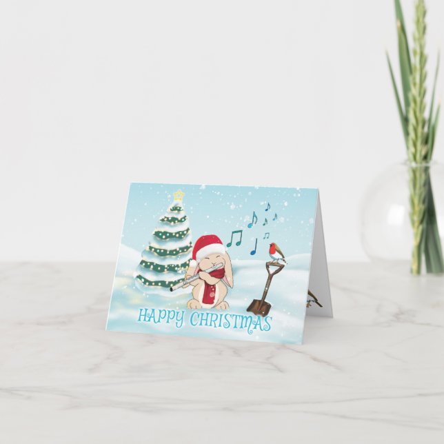 Cute Flute Player Bunny With Christmas Tree Holiday Card (Front)
