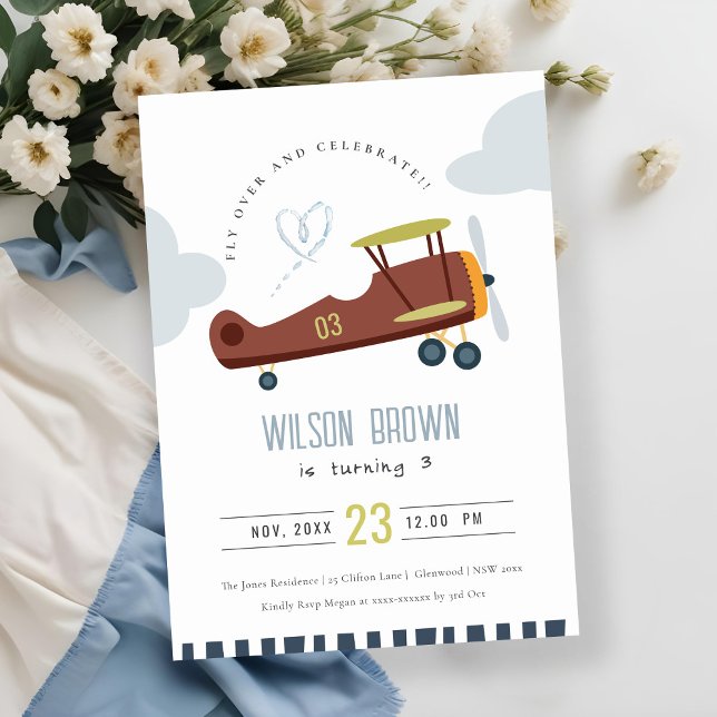 Cute Fly Over Aeroplane Cloud Heart Birthday Invit Thank You Card (Creator Uploaded)