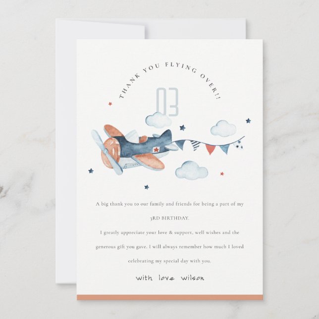 Cute Fly Over Rust Navy Plane Cloud Stars Birthday Thank You Card (Front)