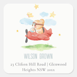 Cute Fly Over Teddy Bear Animal Plane Address Square Sticker