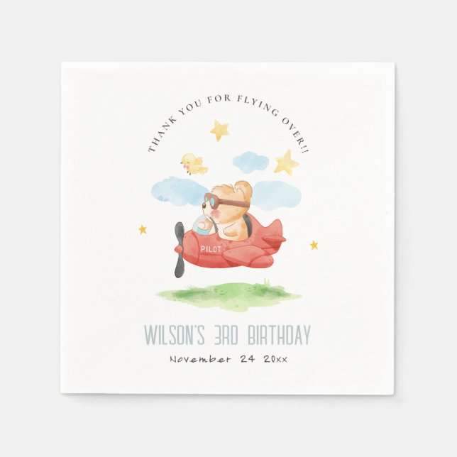 Cute Fly Over Teddy Bear Animal Plane Birthday Napkin (Front)